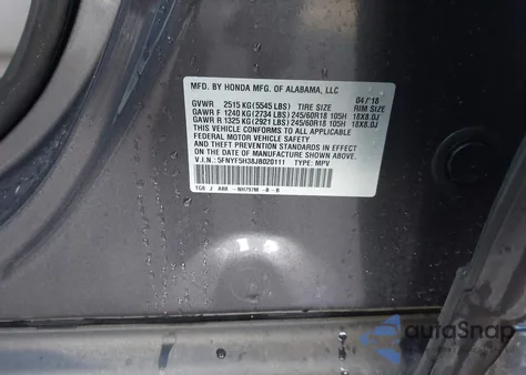 2018 Honda Pilot Ex z USA, uszkodzony, nr VIN 5FNYF5H38JB020111
